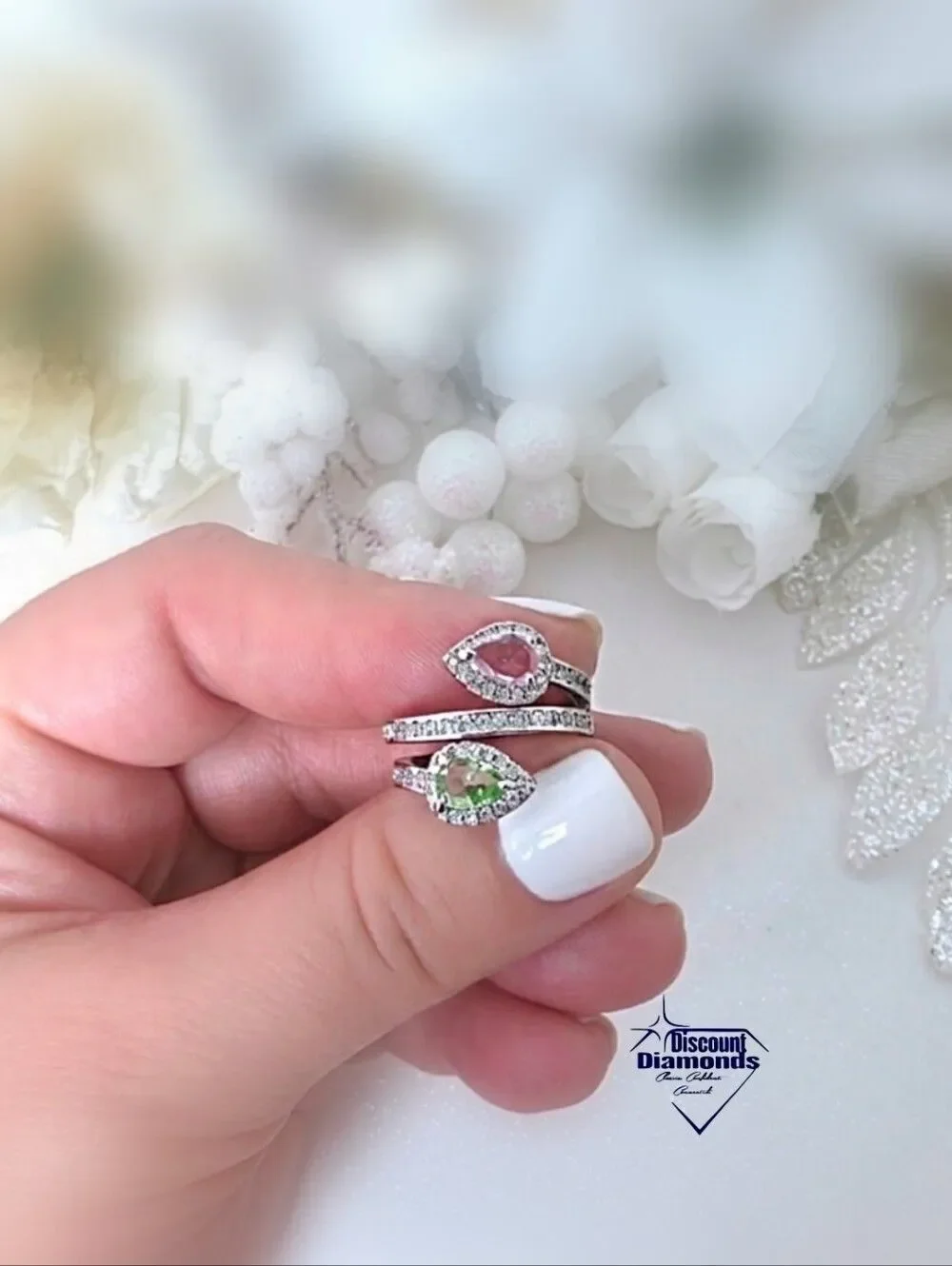 Pink & Green Pear Cut Diamonds & Baguette Diamond Cocktail Ring on 925 Silver